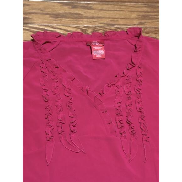 Vintage Oscar De La Renta Women's Pink Ruffle Front V-Neck Chiffon Blouse, Sz 14 - Picture 2 of 6
